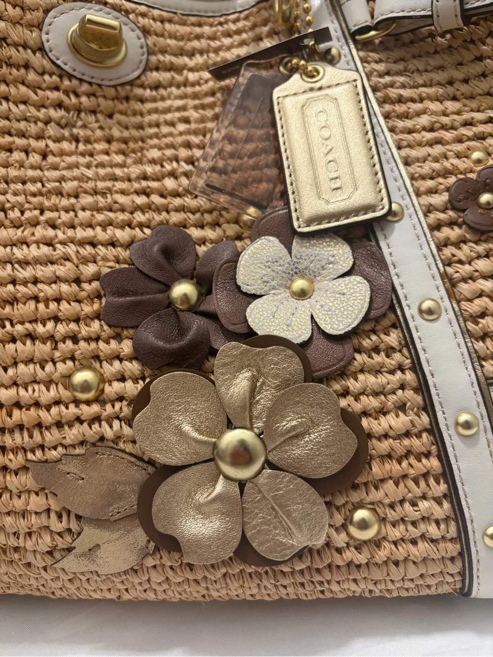 Coach Straw Tote with Floral Appliqués in Natural and White NWT